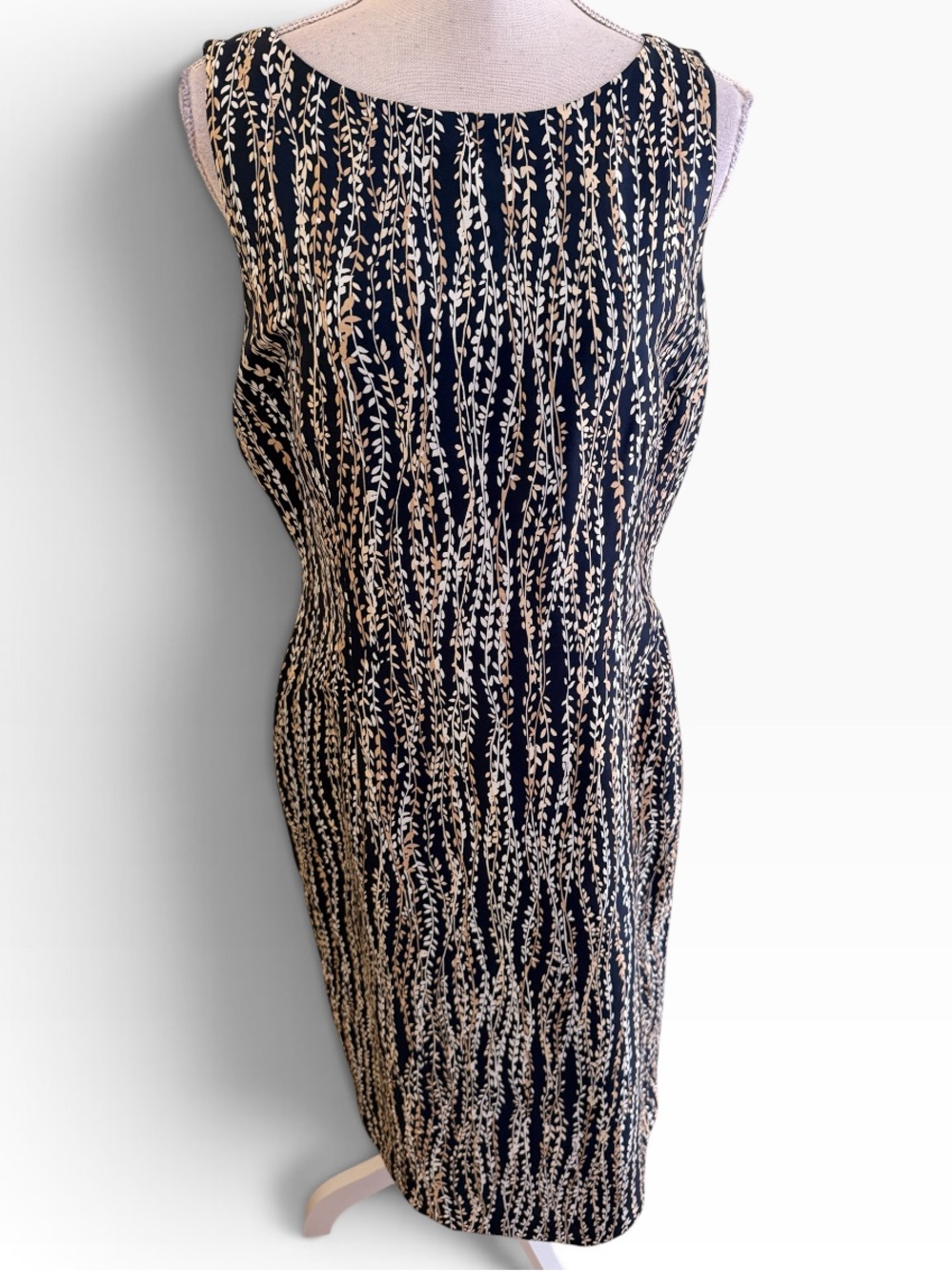 Talbots Vintage Sleeveless Silk Black/Tan Vine and Leaf Print Sheath Dress 12